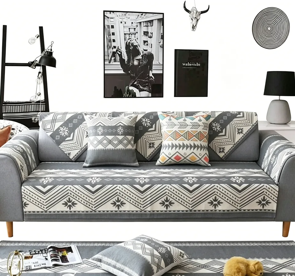 Nordic Snowflake Stripe Woven Sofa Cover representative image